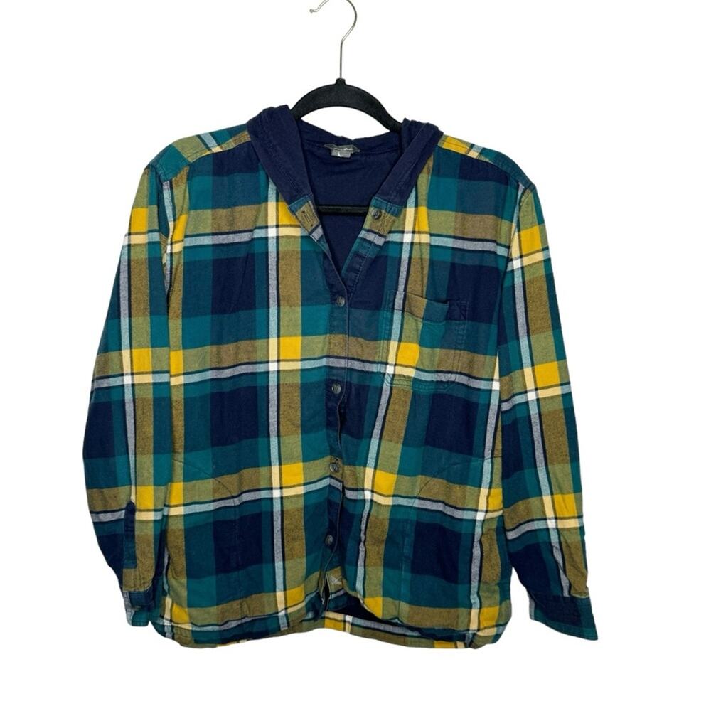 EDDIE BAUER / blue green yellow plaid hooded flannel shacket jacket hoodie / M